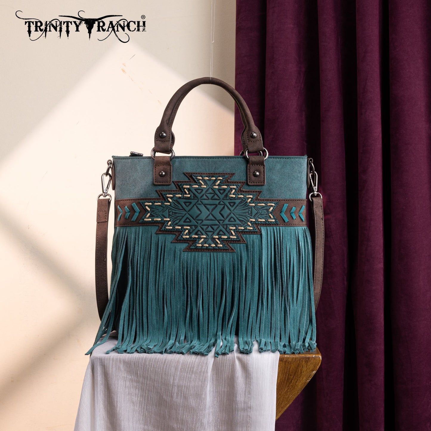 TR196G-8260  Trinity Ranch  Aztec Tooled Fringe Concealed Carry Tote/Crossbody