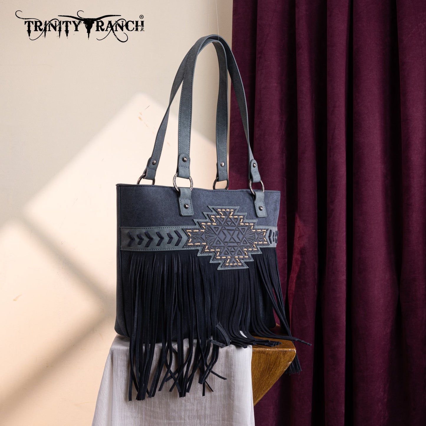 TR196G-8317  Trinity Ranch  Aztec Tooled Fringe Concealed Carry Tote
