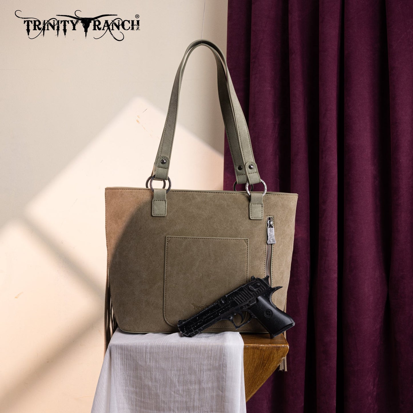 TR196G-8317  Trinity Ranch  Aztec Tooled Fringe Concealed Carry Tote