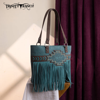 TR196G-8317  Trinity Ranch  Aztec Tooled Fringe Concealed Carry Tote