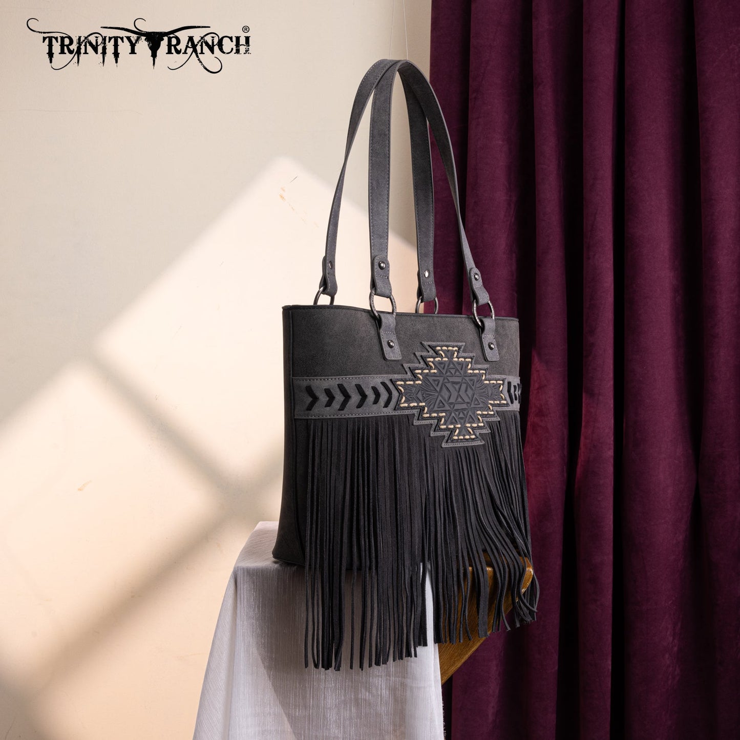 TR196G-8317  Trinity Ranch  Aztec Tooled Fringe Concealed Carry Tote