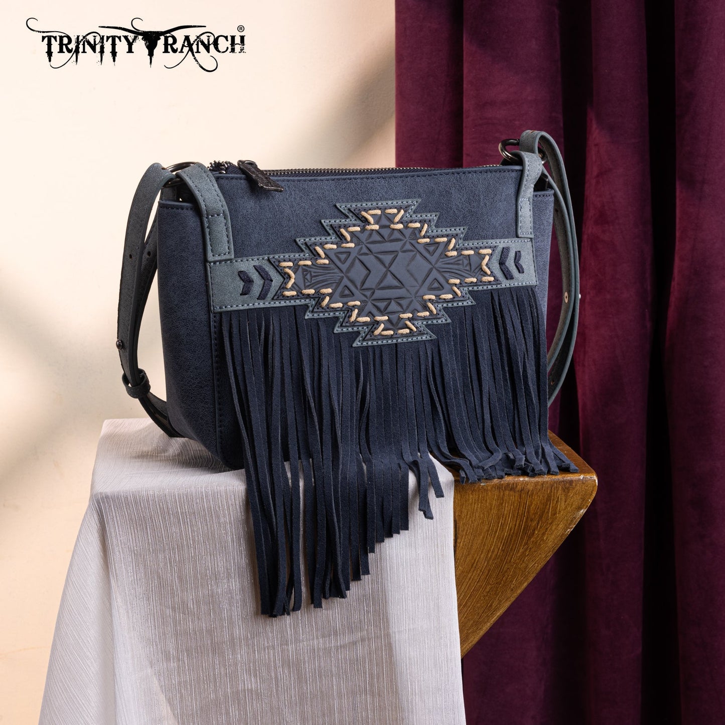 TR196-8287  Trinity Ranch Aztec Tooled Fringe Crossbody