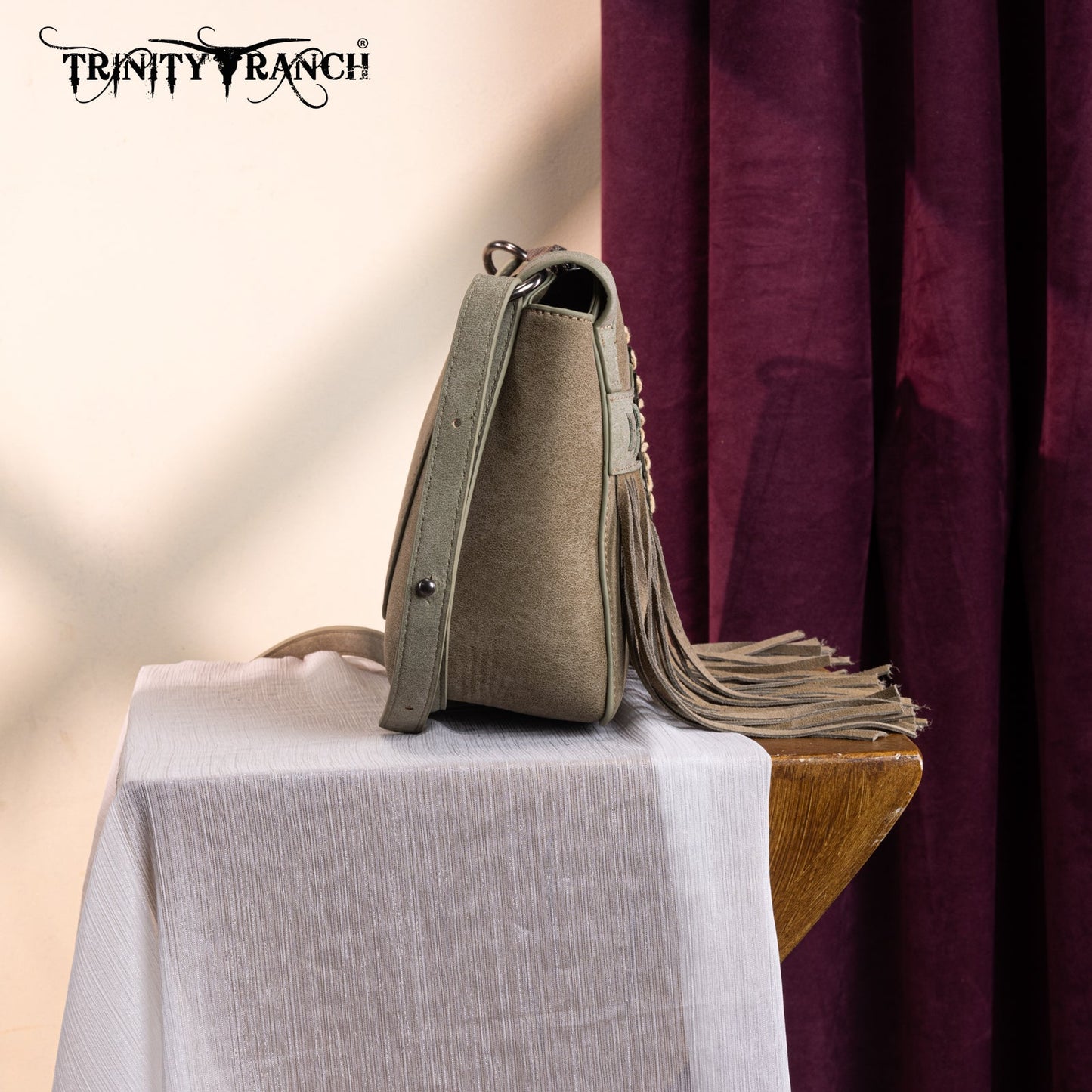 TR196-8287  Trinity Ranch Aztec Tooled Fringe Crossbody