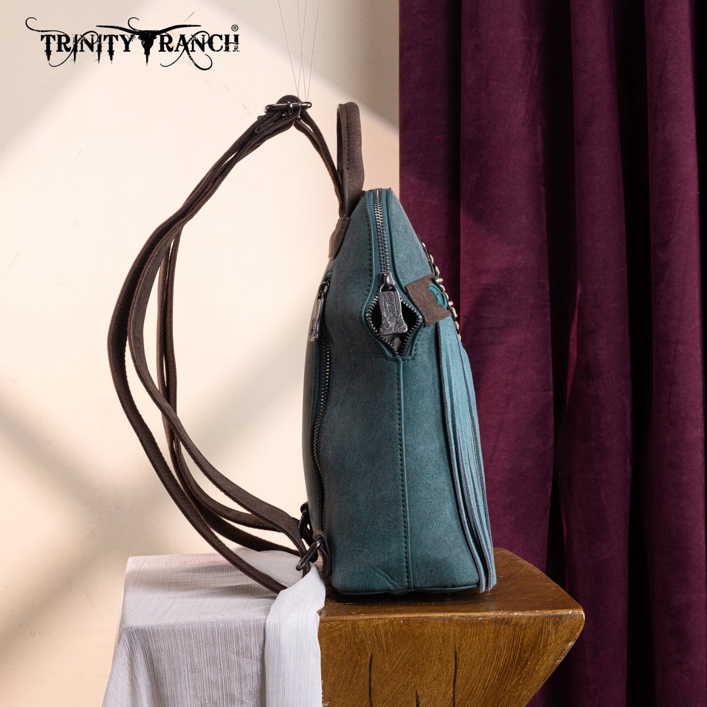 TR196G-9115  Trinity Ranch Aztec Tooled Fringe Concealed Carry Backpack