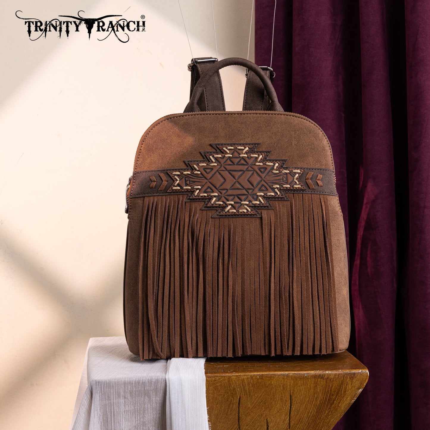 TR196G-9115  Trinity Ranch Aztec Tooled Fringe Concealed Carry Backpack