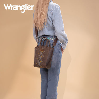 WG211-8014  Wrangler Aztec Embroidered Floral Embossed Tote/Crossbody - Coffee