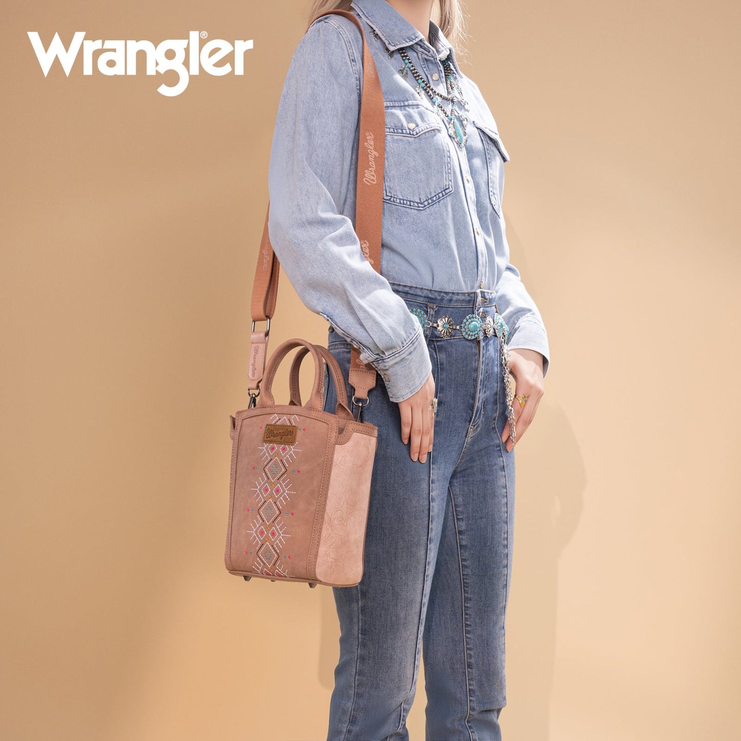 WG211-8014  Wrangler Aztec Embroidered Floral Embossed Tote/Crossbody - Dark Pink