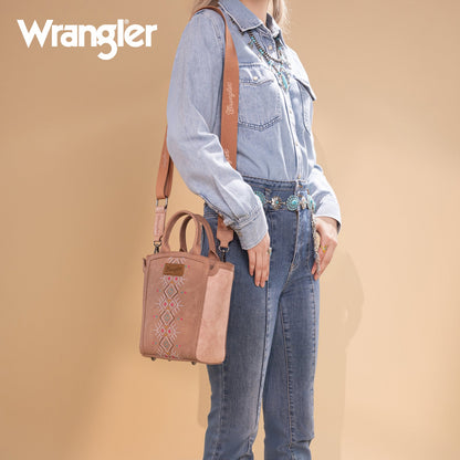 WG211-8014  Wrangler Aztec Embroidered Floral Embossed Tote/Crossbody - Dark Pink