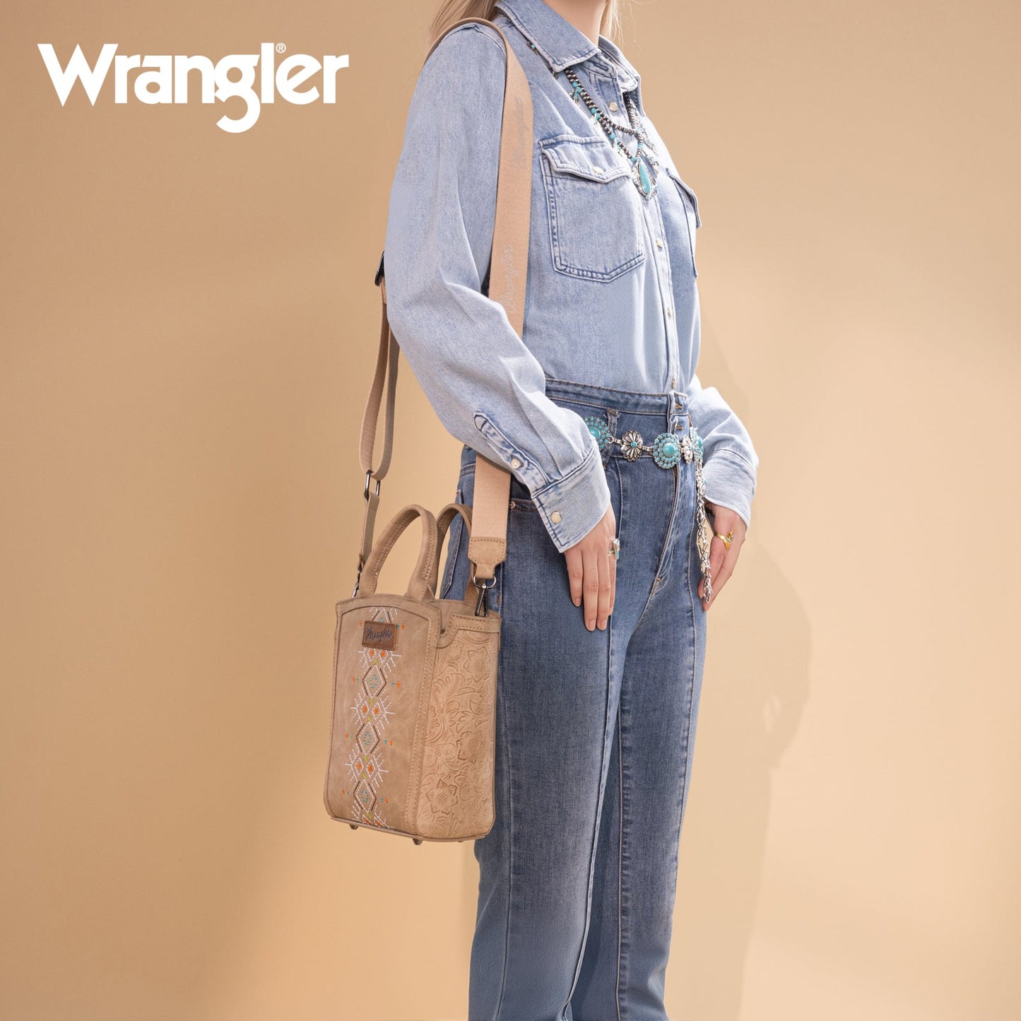 WG211-8014  Wrangler Aztec Embroidered Floral Embossed Tote/Crossbody -Tan