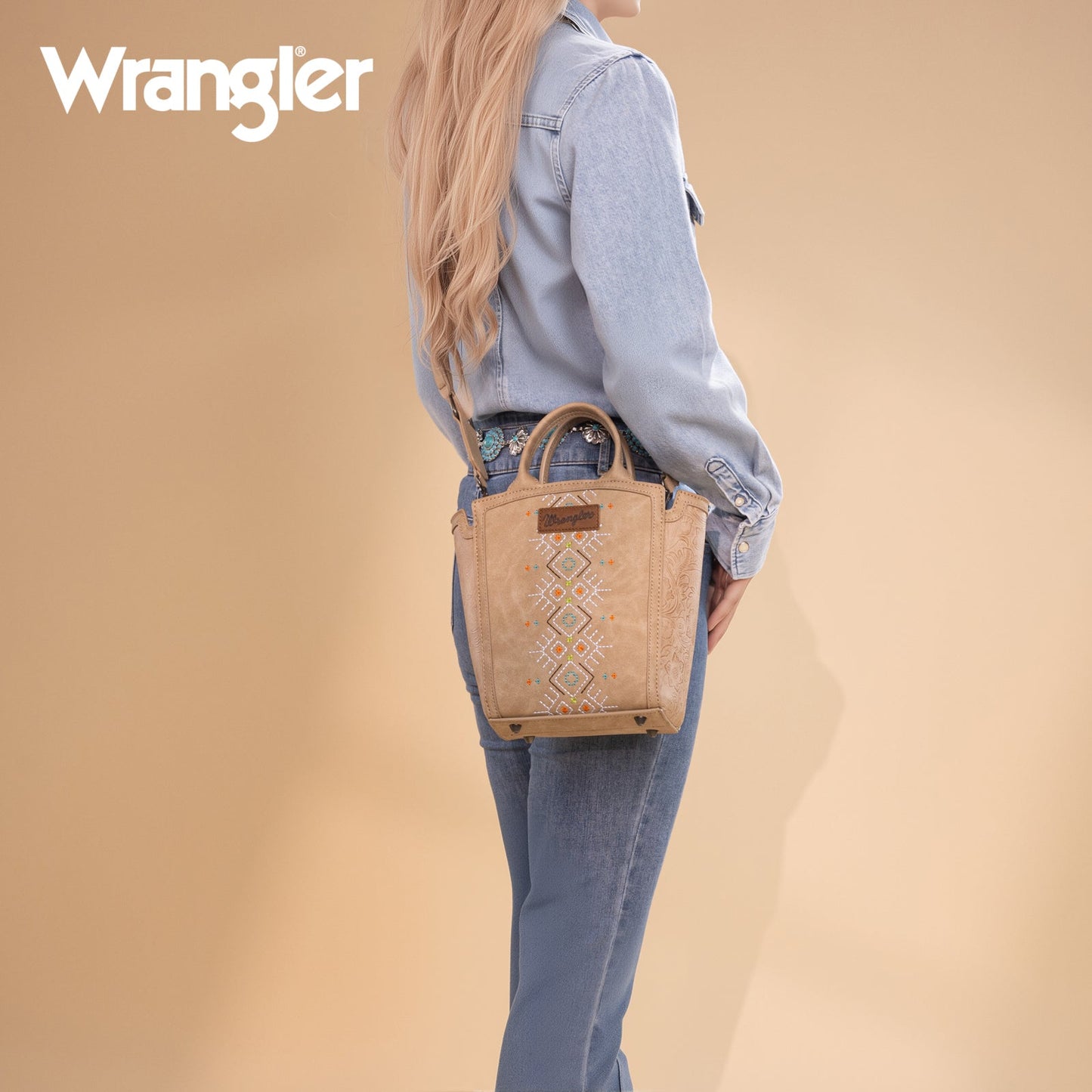 WG211-8014  Wrangler Aztec Embroidered Floral Embossed Tote/Crossbody -Tan