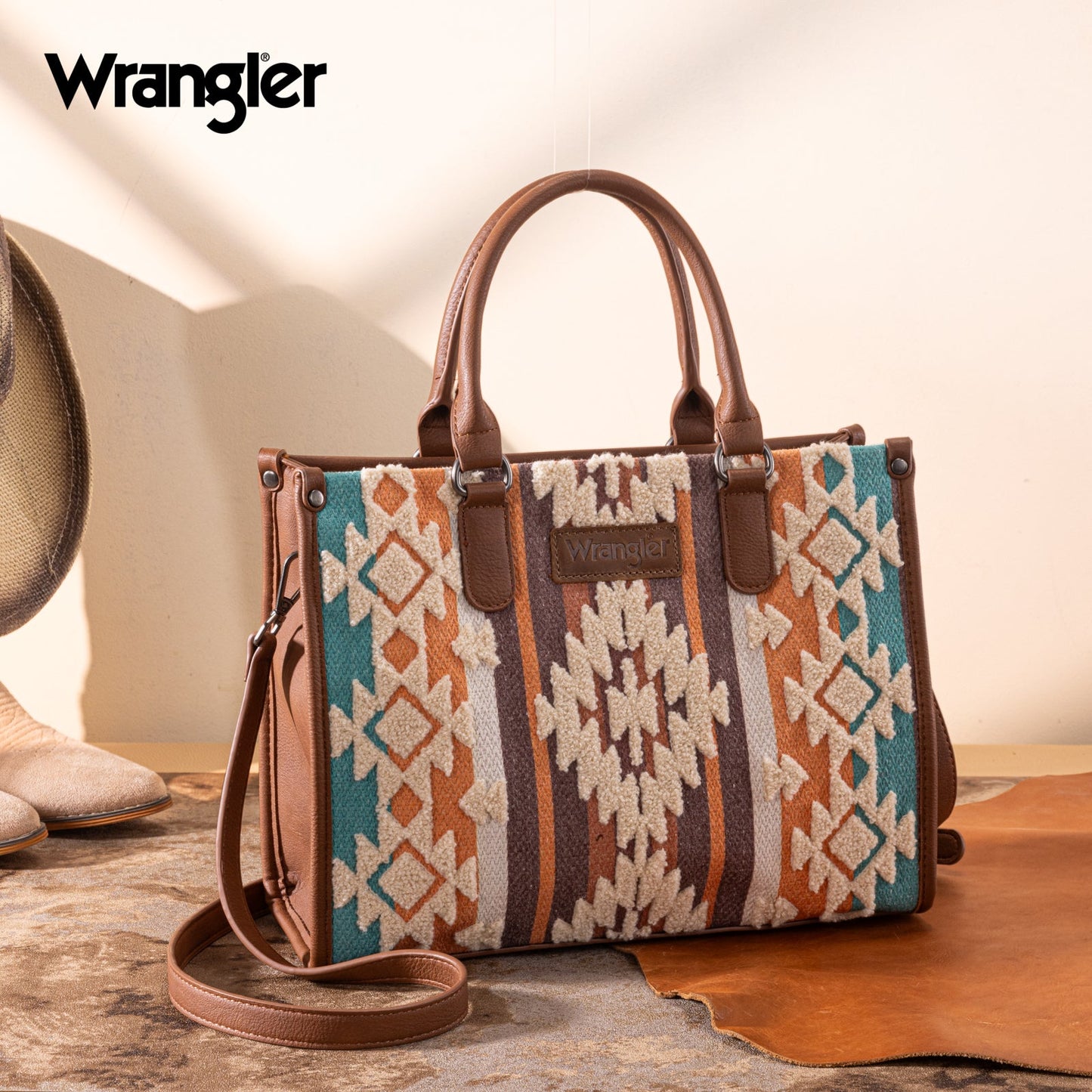 WG313-8119  Wrangler Sherpa Aztec Canvas Tote/Crossbody - Brown