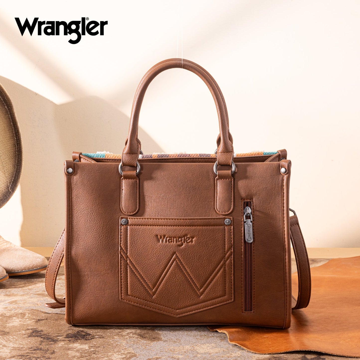WG313-8119  Wrangler Sherpa Aztec Canvas Tote/Crossbody - Brown