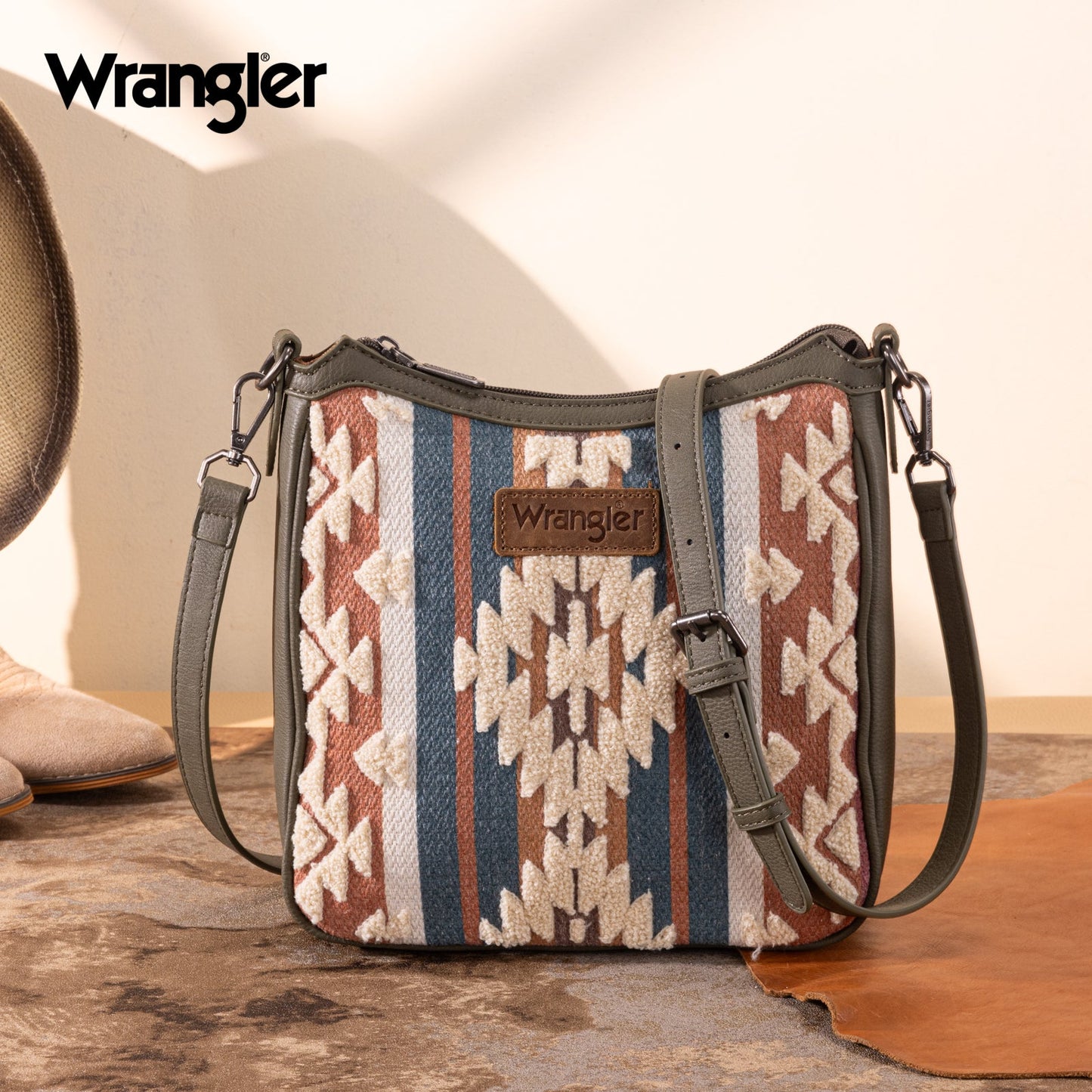 WG313-2003   Wrangler Sherpa Aztec Canvas Crossbody - Green