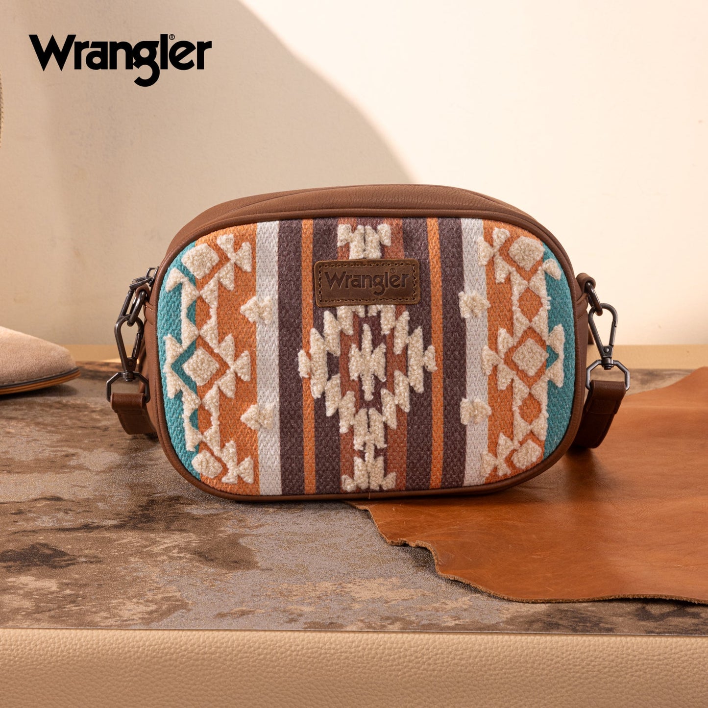 WG313-8365   Wrangler Sherpa Aztec Canvas Crossbody - Brown