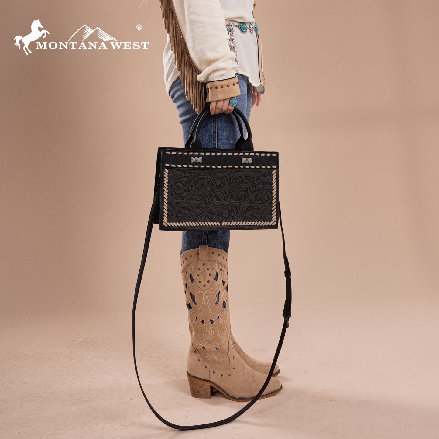 MW1323-8011  Montana West Tooled Collection Tote/Crossbody