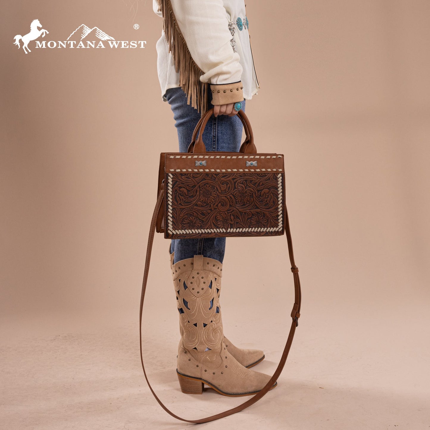 MW1323-8011  Montana West Tooled Collection Tote/Crossbody