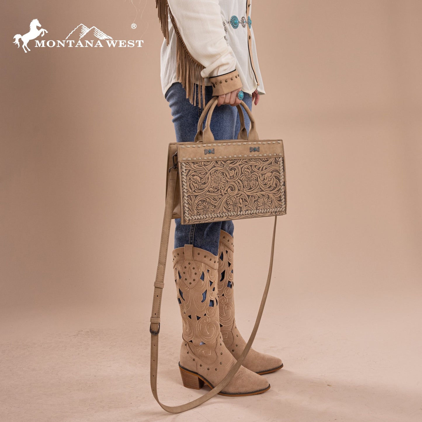 MW1323-8011  Montana West Tooled Collection Tote/Crossbody