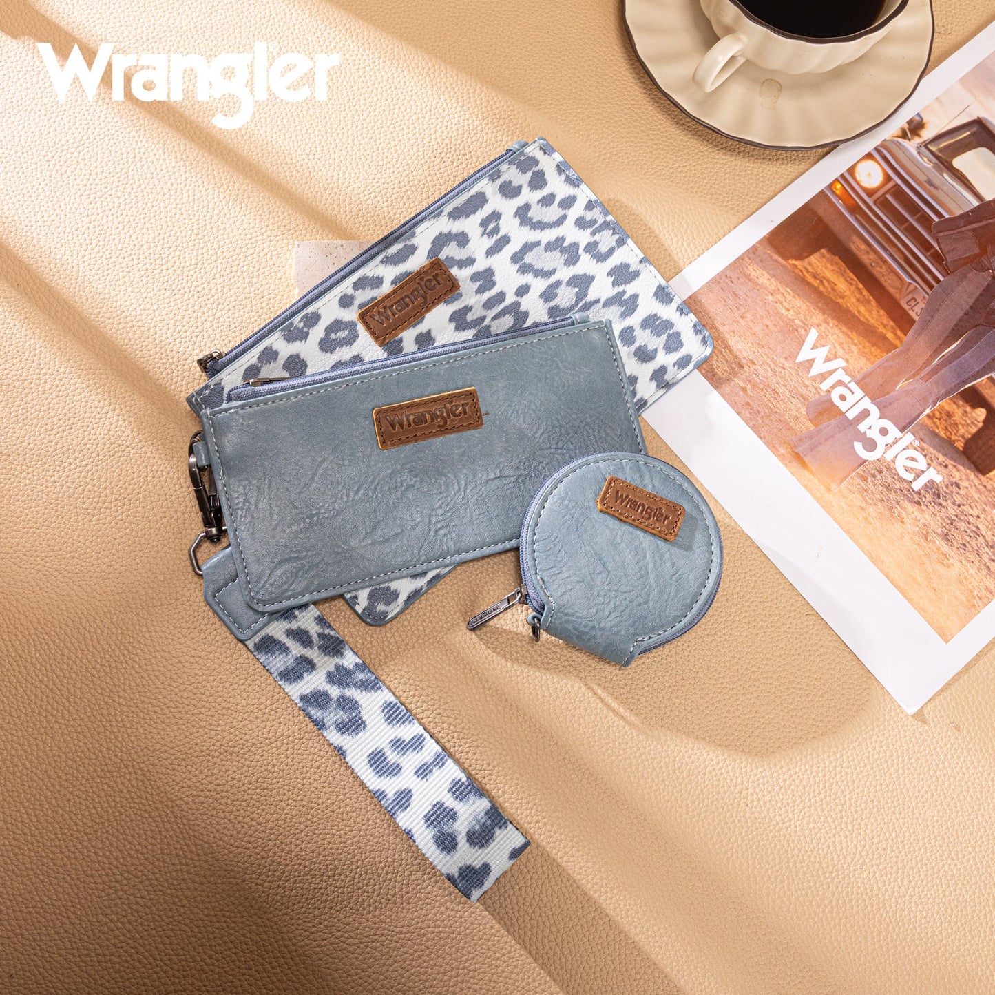 WG366-W114  Wrangler Leopard Print Dual Pouch Wristlet with Zipper Round Case-Jean