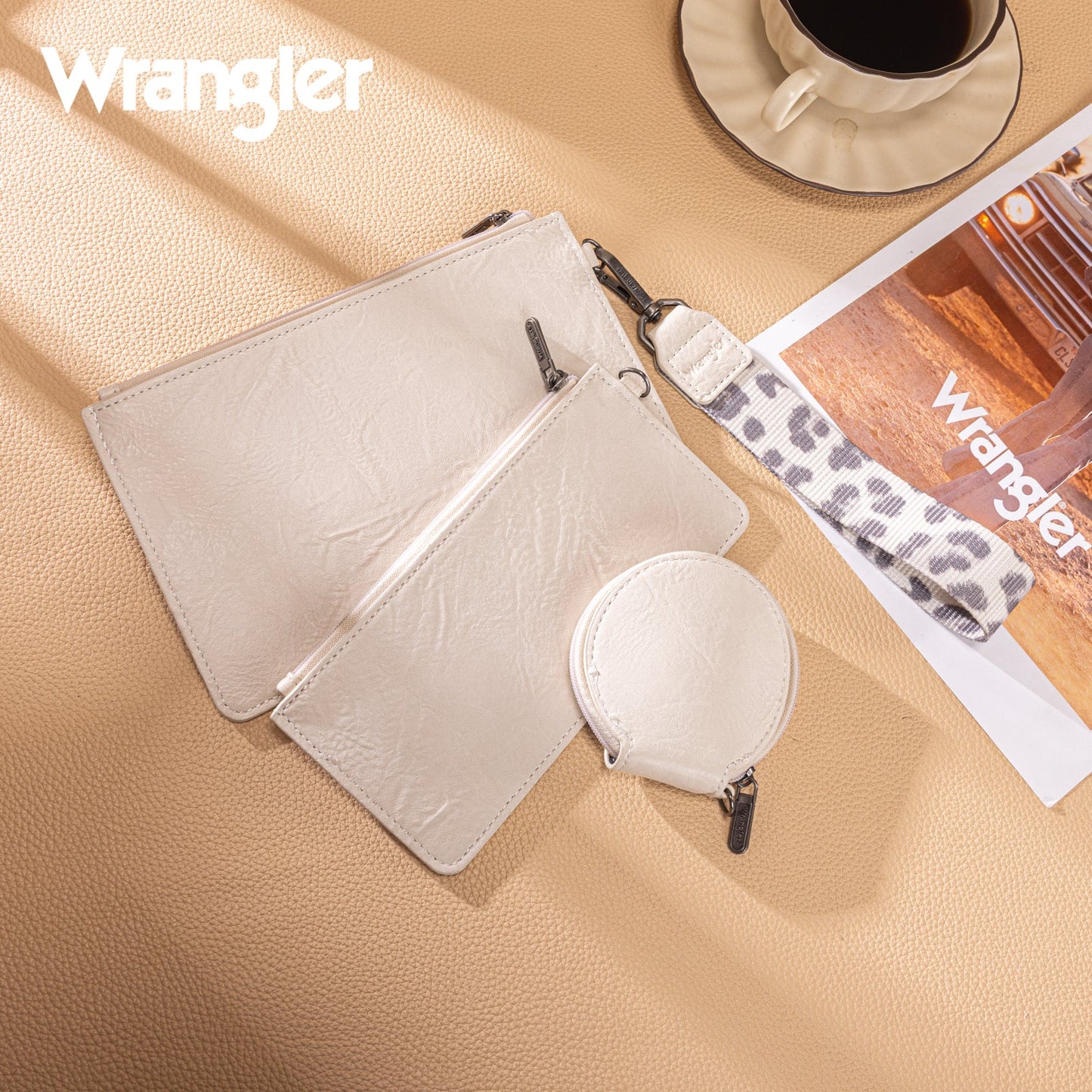 WG366-W114  Wrangler Leopard Print Dual Pouch Wristlet with Zipper Round Case- Beige