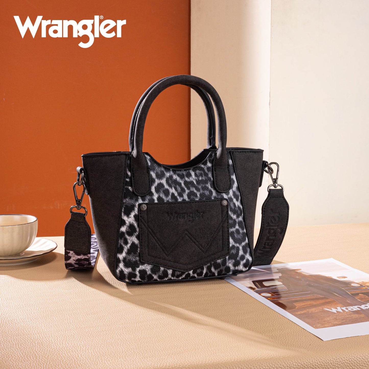 WG296-8015BK  Wrangler Leopard Print Small Tote/Crossbody -Black