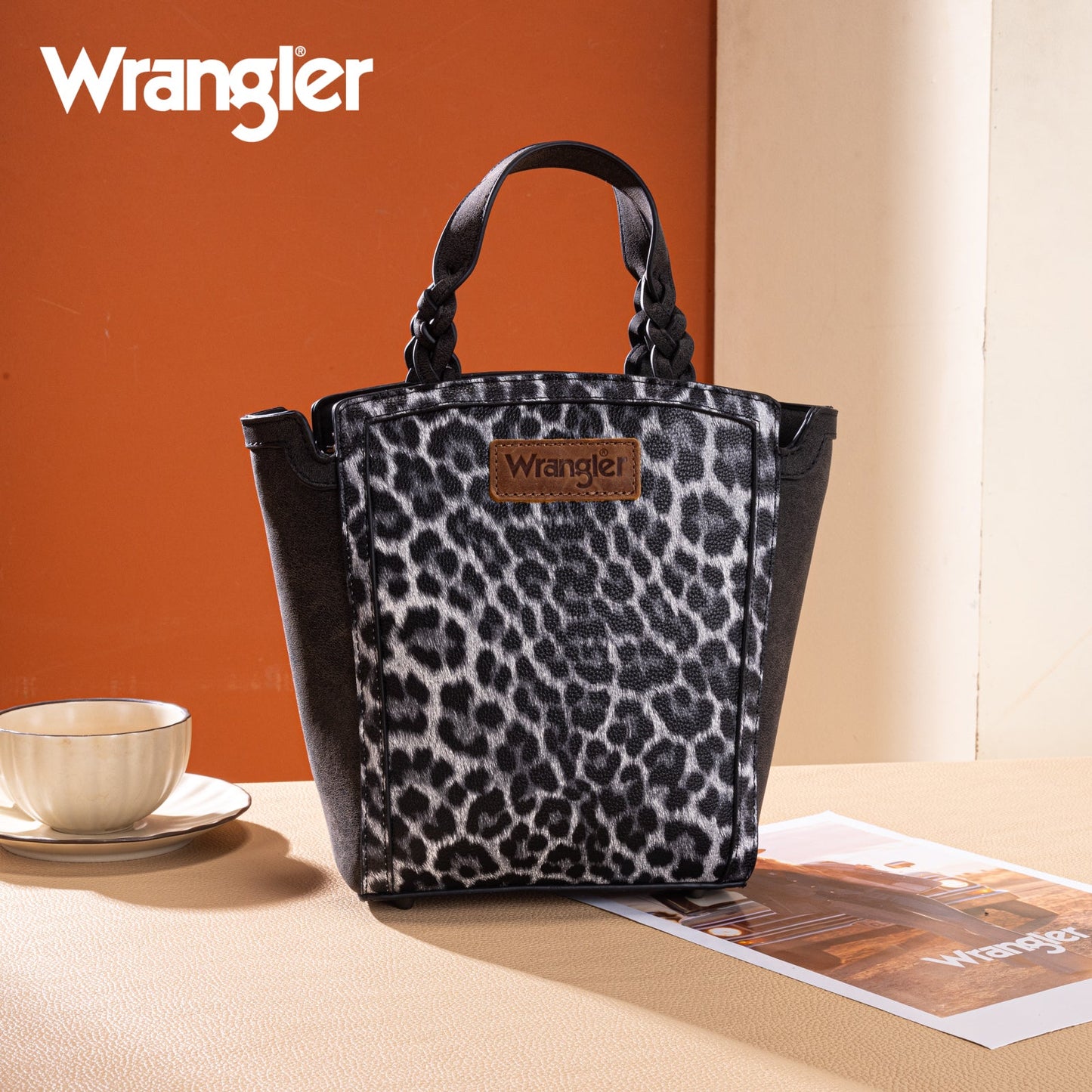 WG296-8014BK   Wrangler Leopard Print Braided Handle Tote/Crossbody - Black