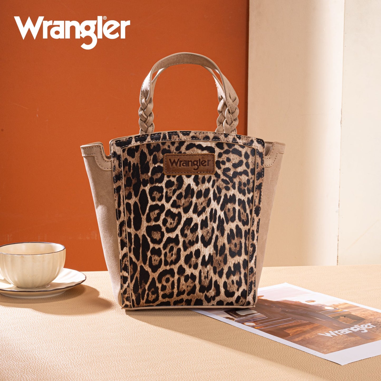 WG296-8014TN   Wrangler Leopard Print Braided Handle Tote/Crossbody - Tan