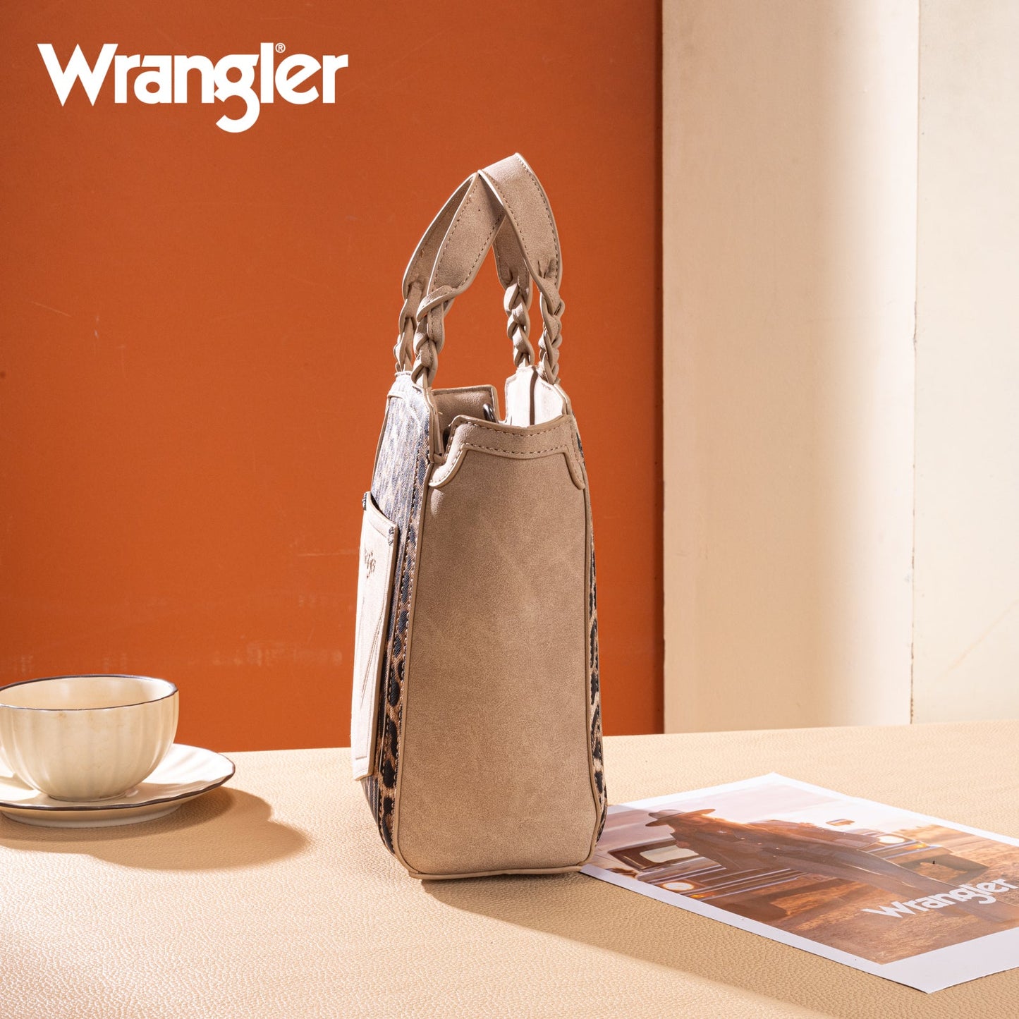WG296-8014TN   Wrangler Leopard Print Braided Handle Tote/Crossbody - Tan