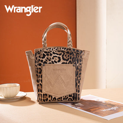 WG296-8014TN   Wrangler Leopard Print Braided Handle Tote/Crossbody - Tan