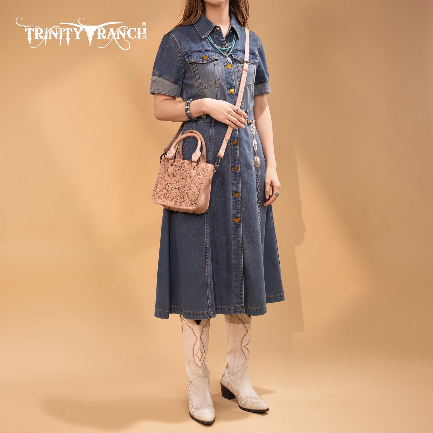 TR192-8800  Trinity Ranch Floral Tooled Collection Mini Tote/Crossbody - Pink