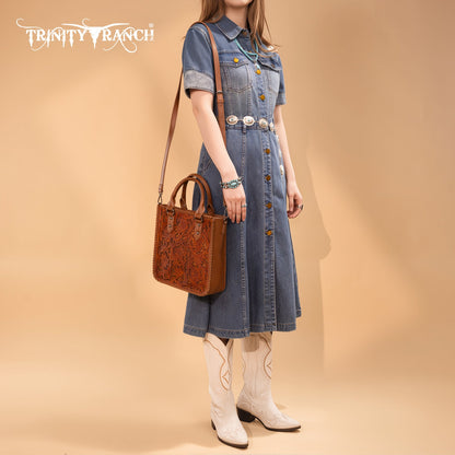 TR192-8368  Trinity Ranch Floral Tooled Collection Tote/Crossbody- Brown