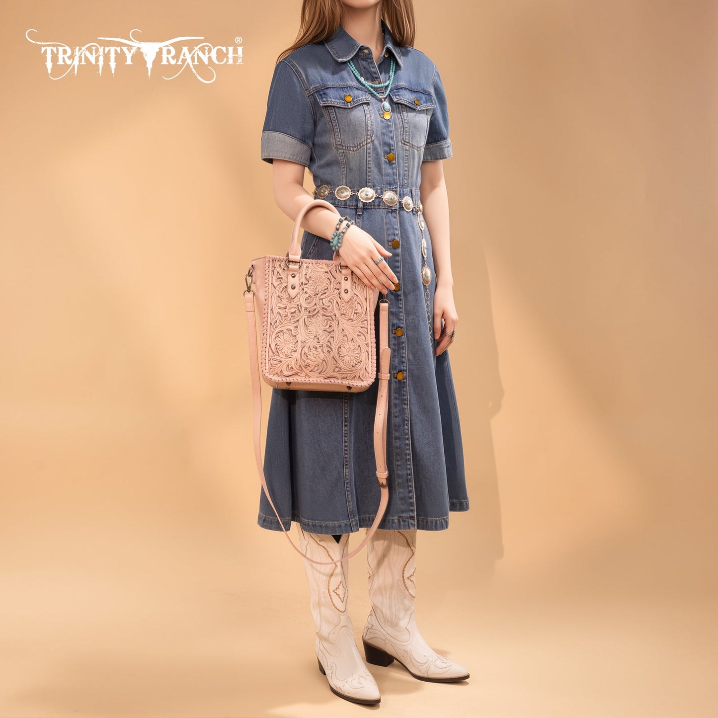 TR192-8368  Trinity Ranch Floral Tooled Collection Tote/Crossbody- Pink