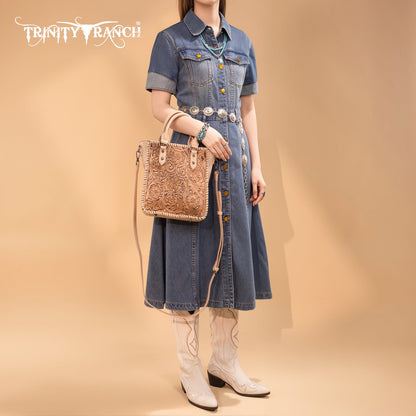 TR192-8368  Trinity Ranch Floral Tooled Collection Tote/Crossbody- Tan