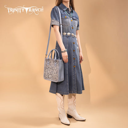 TR192-8368  Trinity Ranch Floral Tooled Collection Tote/Crossbody-Jean