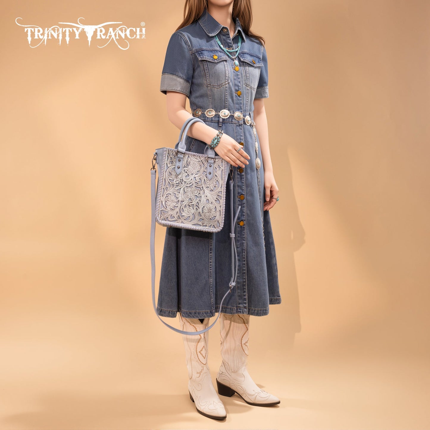 TR192-8368  Trinity Ranch Floral Tooled Collection Tote/Crossbody-Jean