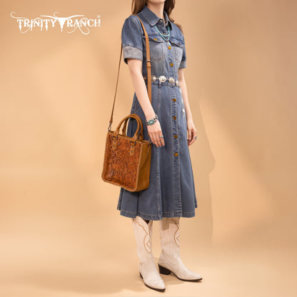 TR192-8368  Trinity Ranch Floral Tooled Collection Tote/Crossbody-Light Brown