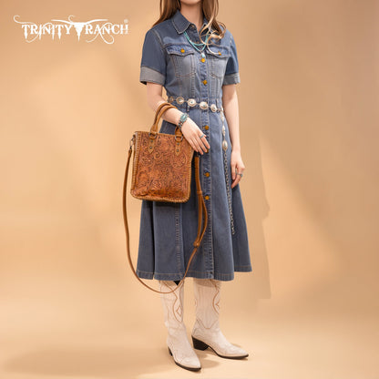 TR192-8368  Trinity Ranch Floral Tooled Collection Tote/Crossbody-Light Brown