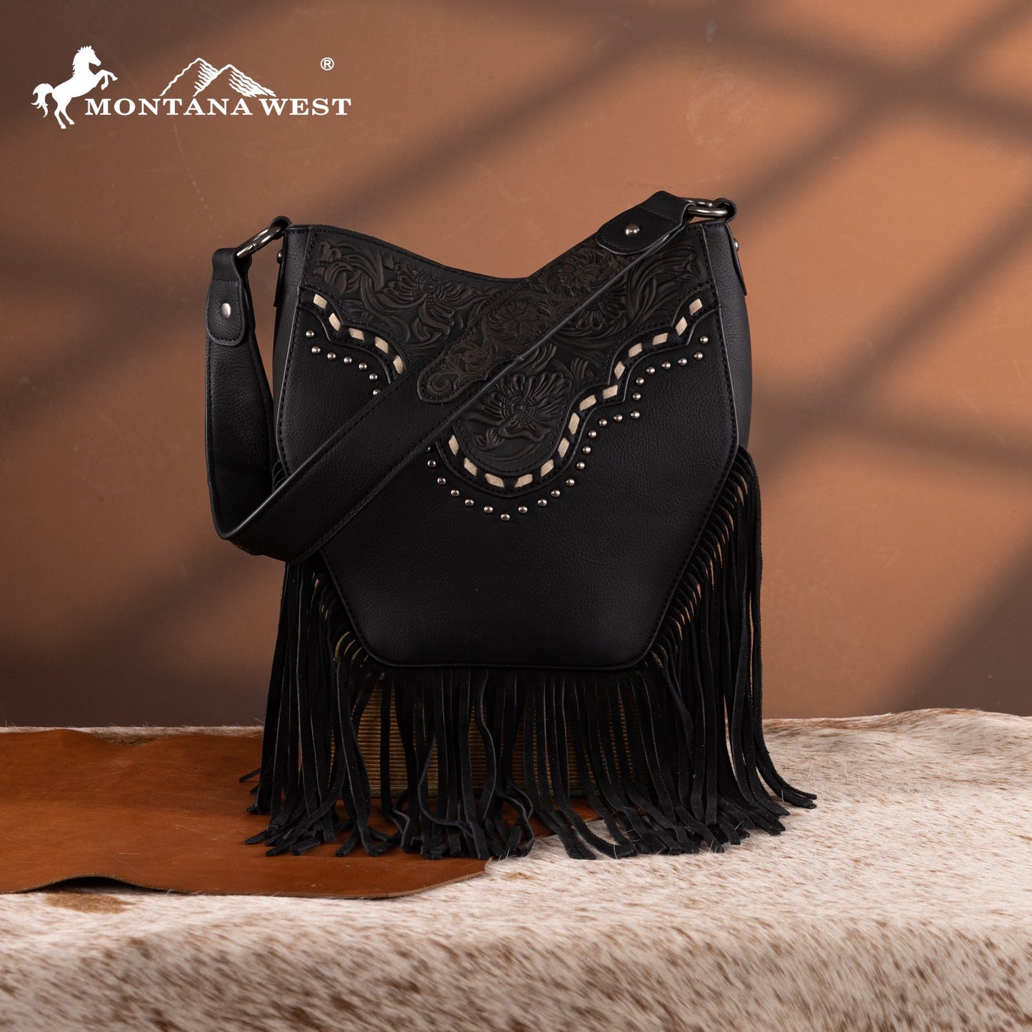 MW1323G-918  Montana West Tooled Fringe Collection Hobo Shoulder Bag