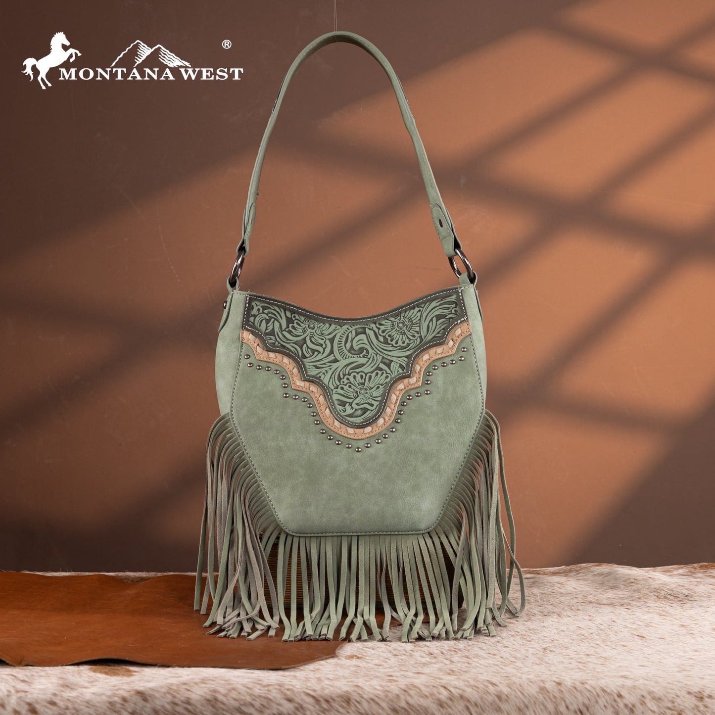 MW1323G-918  Montana West Tooled Fringe Collection Hobo Shoulder Bag