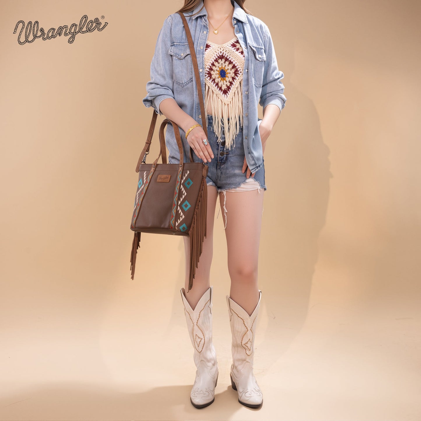 WG233-2009  Wrangler Aztec Embroidered Tote/Crossbody Bag- Brown