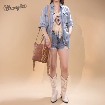 WG233-2009  Wrangler Aztec Embroidered Tote/Crossbody Bag- Light Brown