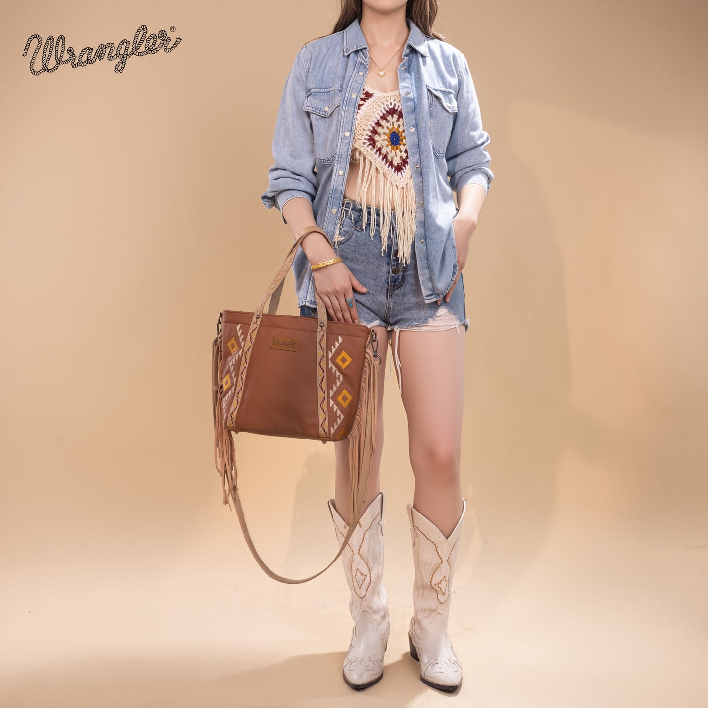 WG233-2009  Wrangler Aztec Embroidered Tote/Crossbody Bag- Light Brown