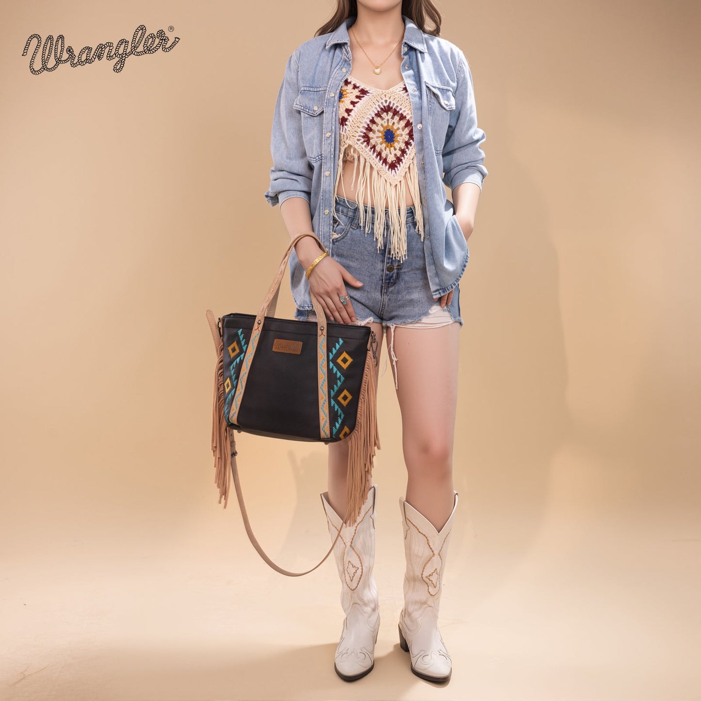 WG233-2009  Wrangler Aztec Embroidered Tote/Crossbody Bag- Black