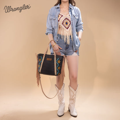 WG233-2009  Wrangler Aztec Embroidered Tote/Crossbody Bag- Black