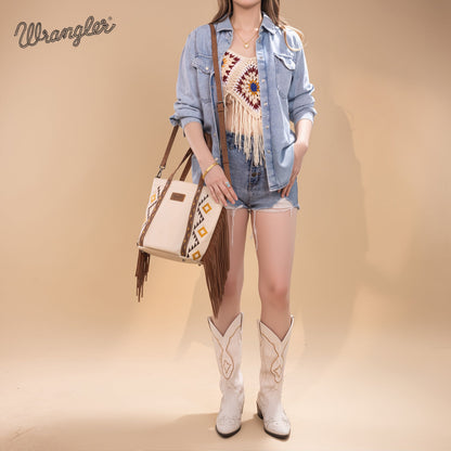 WG233-2009  Wrangler Aztec Embroidered Tote/Crossbody Bag- Beige