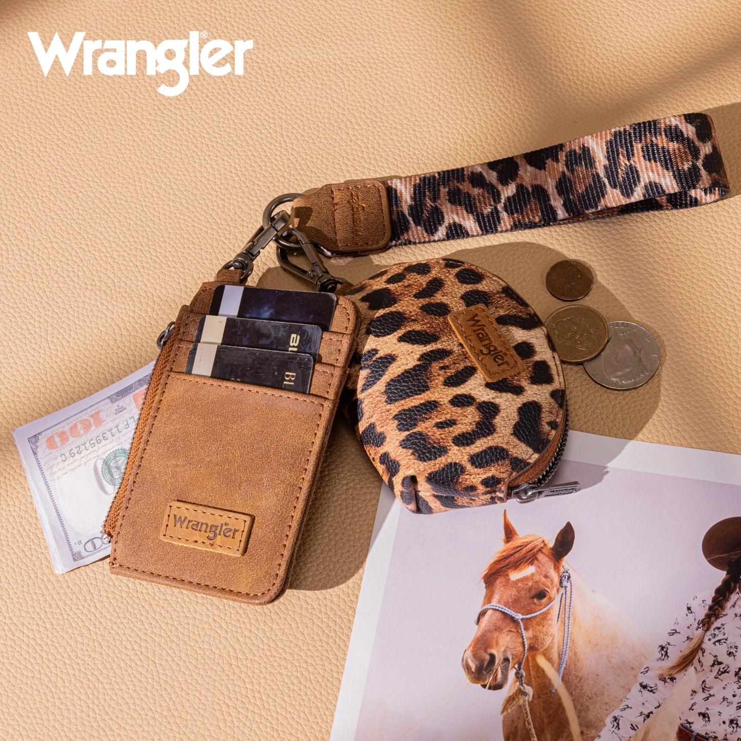 WG296-W0051BR  Wrangler Leopard Print Dual Pouch Wristlet