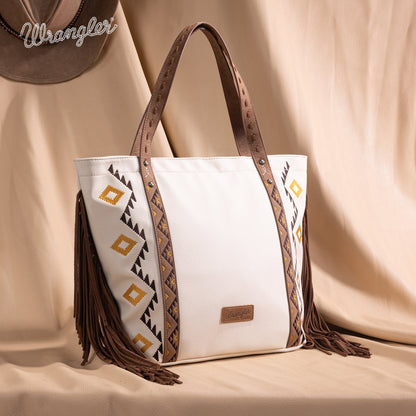 WG233-2002  Wrangler Aztec Embroidered Large Tote Bag- Beige