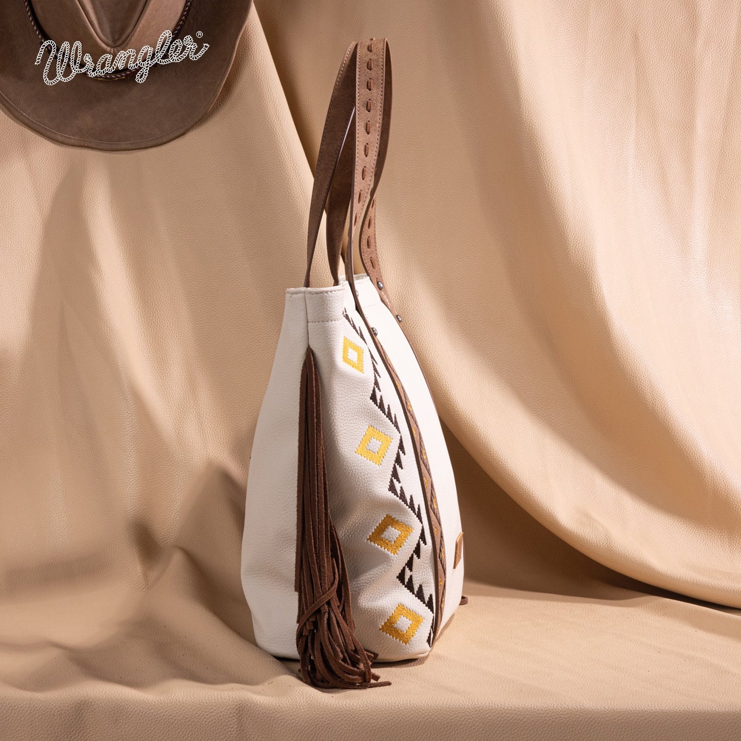WG233-2002  Wrangler Aztec Embroidered Large Tote Bag- Beige
