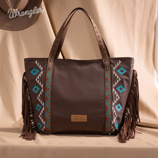 WG233-2002  Wrangler Aztec Embroidered Large Tote Bag- Brown