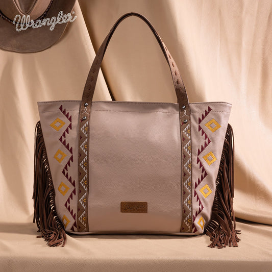 WG233-2002  Wrangler Aztec Embroidered Large Tote Bag- Tan