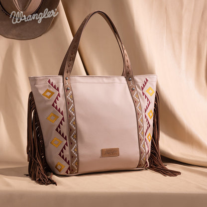 WG233-2002  Wrangler Aztec Embroidered Large Tote Bag- Tan